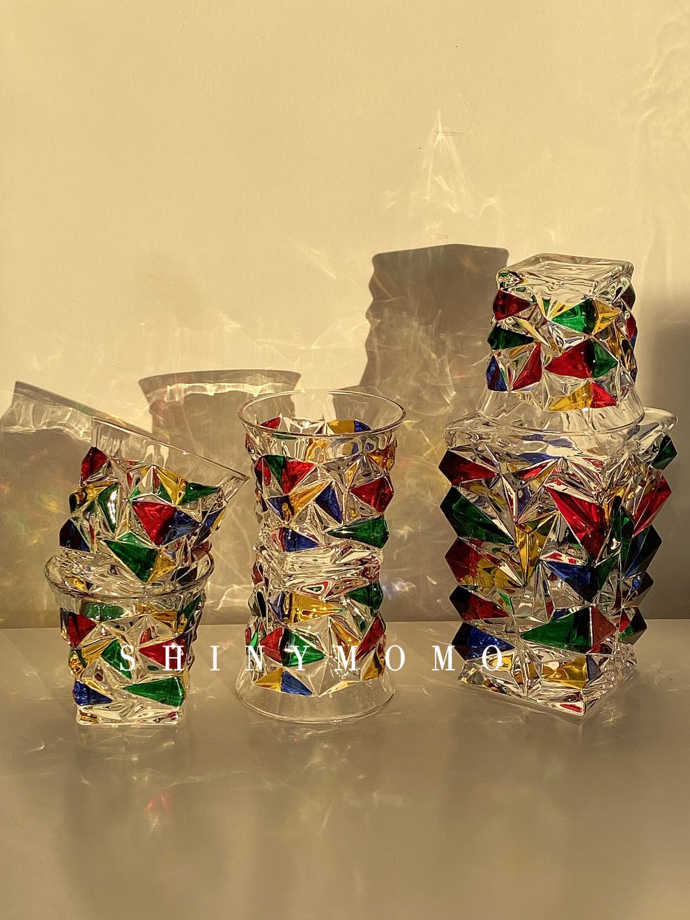 玻璃杯香槟红酒杯水杯冰块透明宝石纹理装饰杯现货手绘彩色玻璃瓶1个