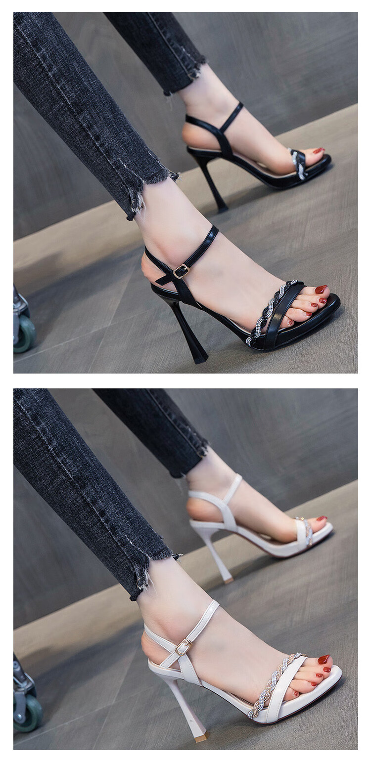 一字带细高跟凉鞋恨天高法式高跟鞋女细跟网红恨天高配裙子一字带水钻