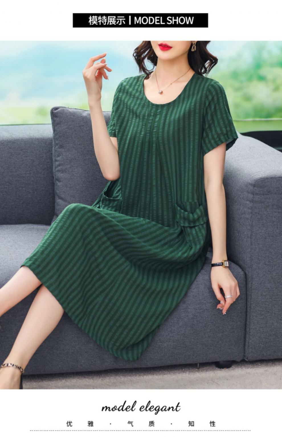 夏季中年人棉麻连衣裙中老年宽松妇女胖加肥加大码裙子绿色条纹xl建议