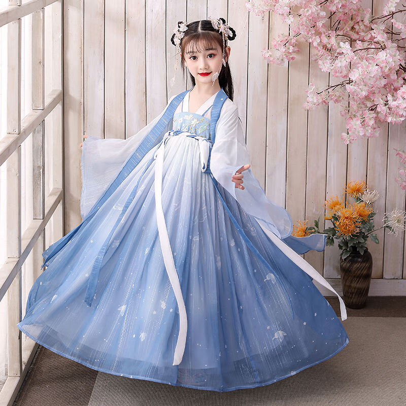 襦裙大袖衫超仙连衣裙儿童中国风春秋小女孩裙子 蓝色蝴蝶 披风 礼品