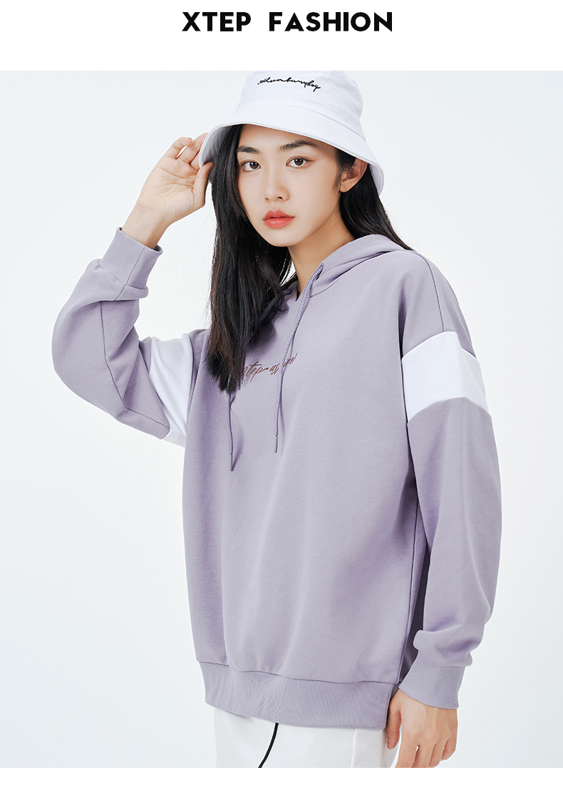 特步卫衣女外套秋季新款女装字母印花连帽运动外套休闲长袖套头衫黑