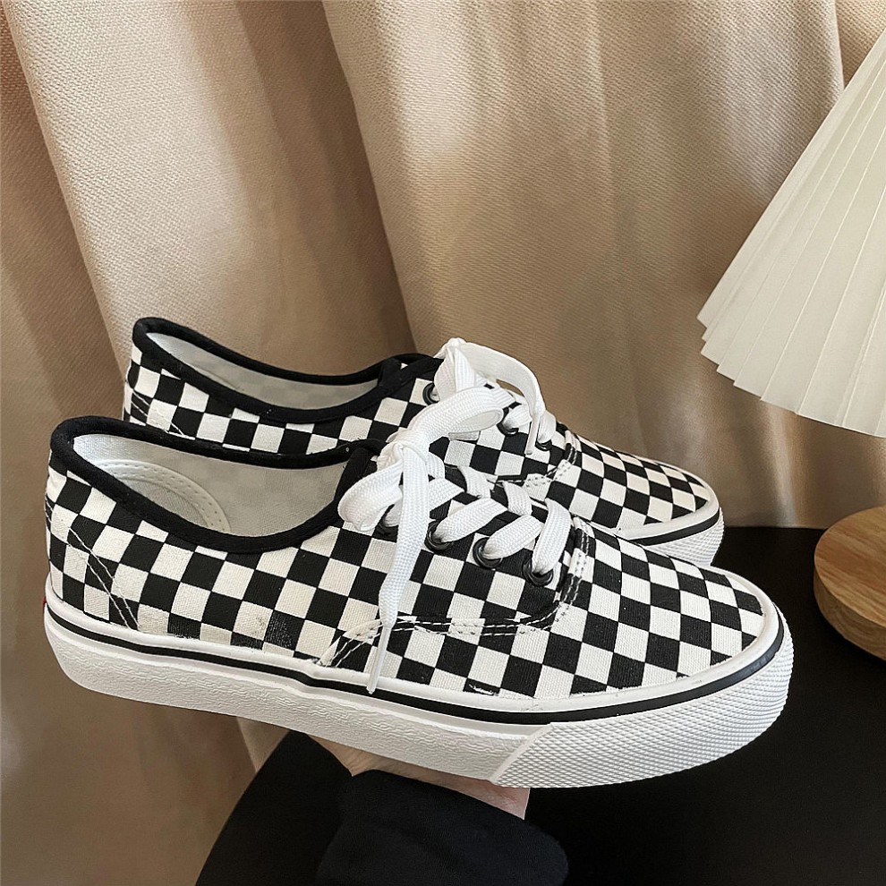棋盘格鞋黑白棋盘格子帆布鞋女秋季低帮休闲板鞋韩版百搭情侣鞋子潮男