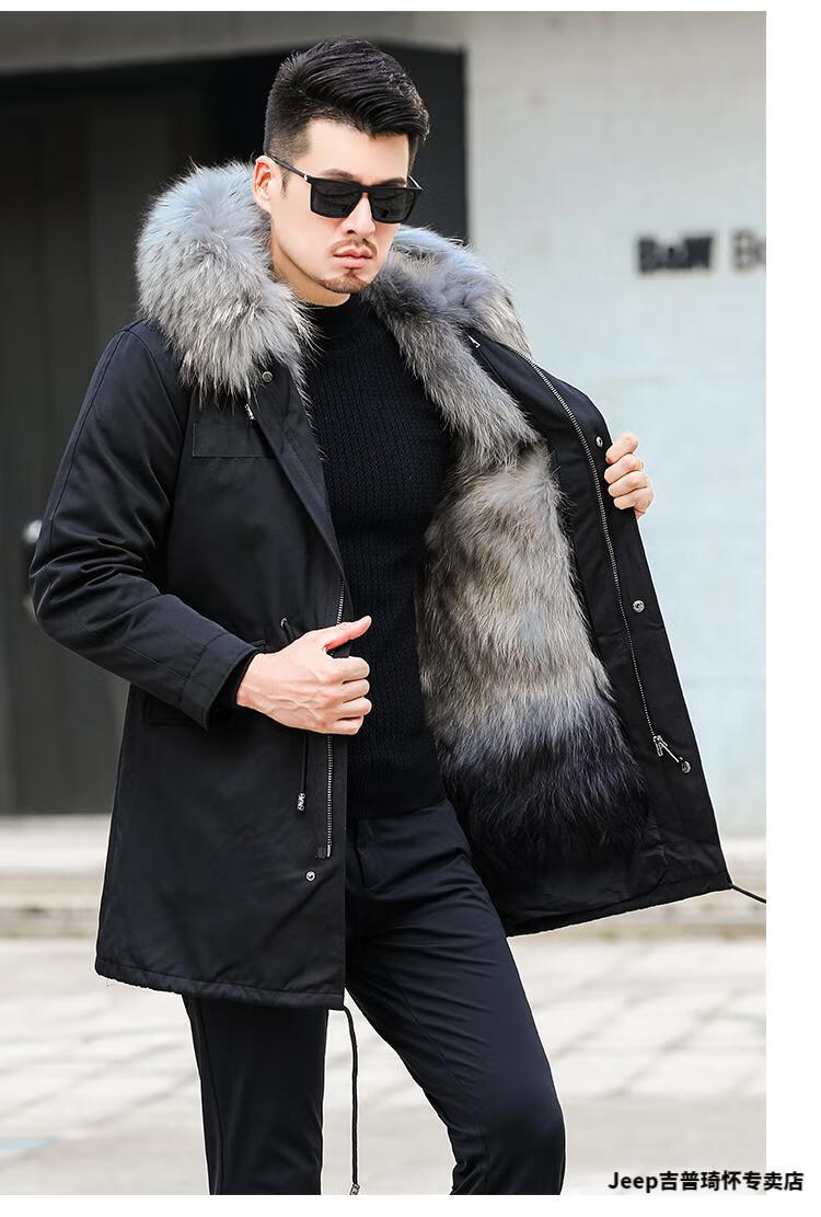 jeep吉普品牌高档男装2022新款派克服男冬中长款青根貂皮毛一体海宁仿