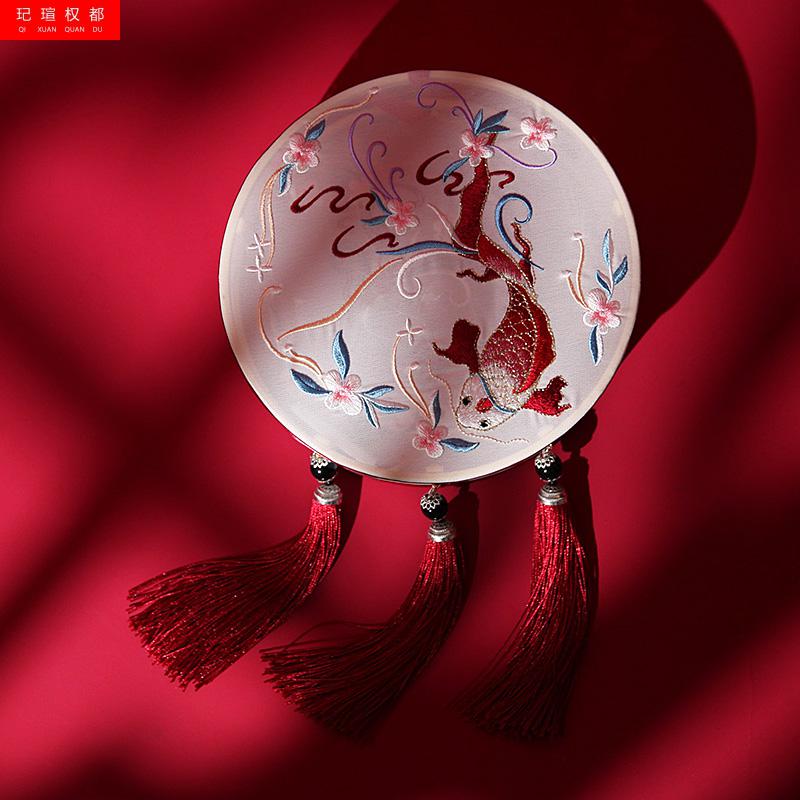 中秋节花灯中国风复古圆形灯笼发光成品拍摄中秋节锦鲤刺绣宫灯提竿