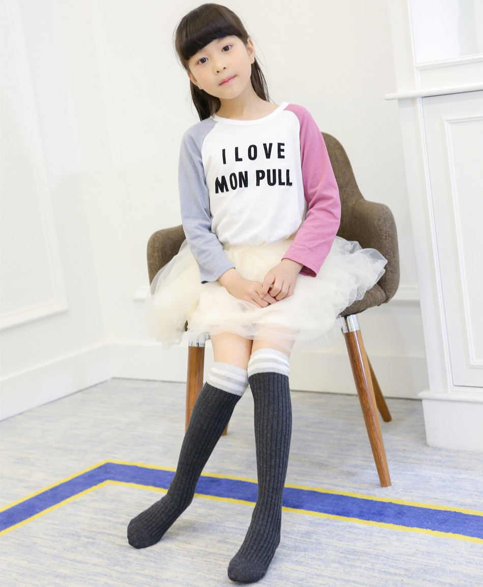 hkxn 大童过膝袜秋女童中筒袜棒球袜儿童长筒袜公主学生高筒袜子 黑色