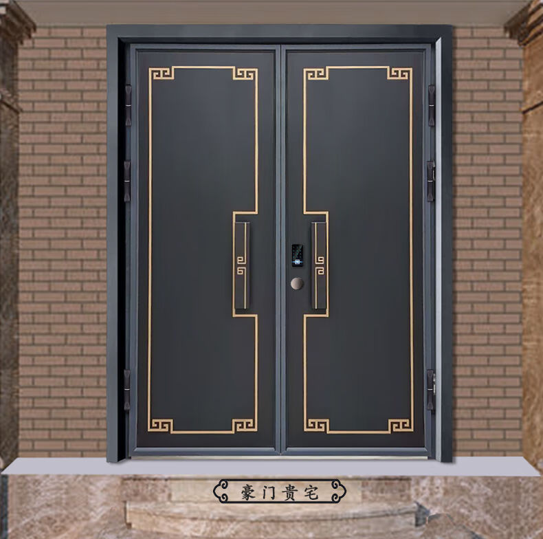 别墅大门中式家用对开门农村双开门乡村庭院锌合金子母门五堂金门进口