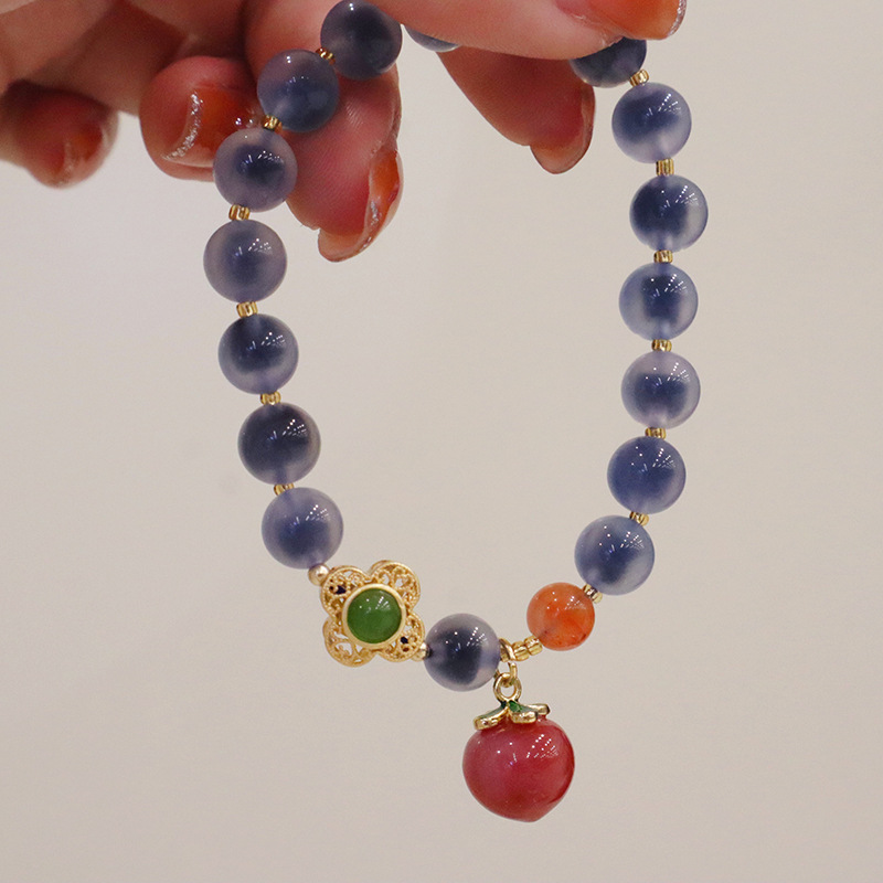 元捷 糖心玛瑙手链蓝色玛瑙手串盐源玛瑙桃子吊坠手饰品 双圈蓝色糖心