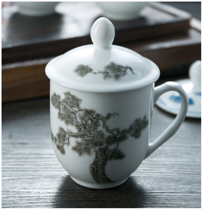 会议室茶杯醴陵釉下五彩陶瓷杯子创意带盖茶杯水杯办公礼品会议室酒店