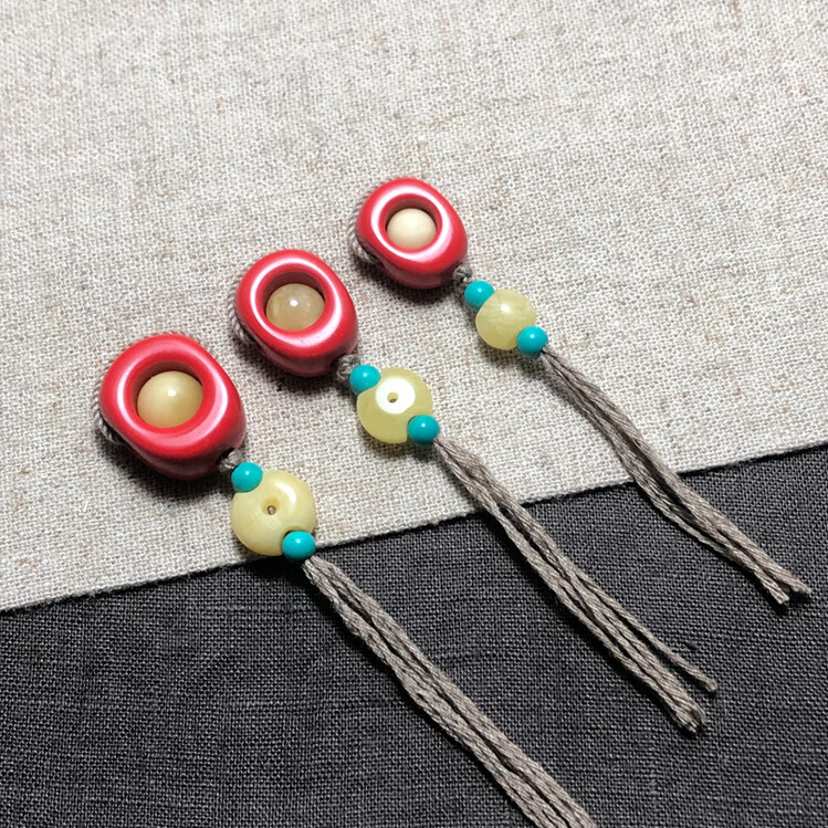 一北 朱砂原矿蜜蜡绿松石三通佛头/文玩佛珠配饰套装 大号三通15mm