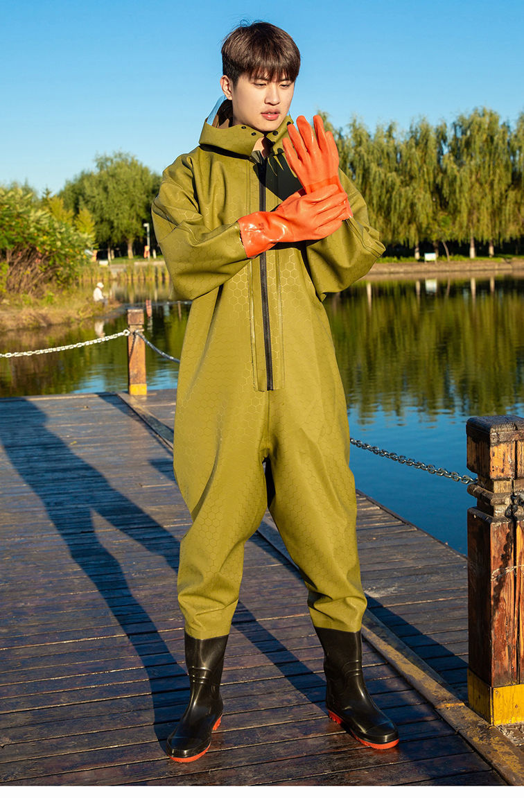 日本全身下水裤加厚连体鱼裤挖藕服抓捕鱼雨裤带雨鞋男防水衣雨衣水库