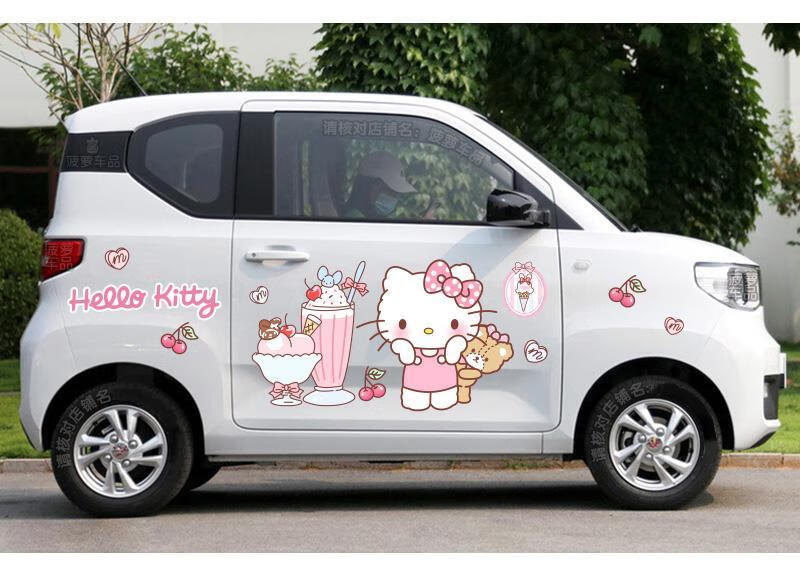 qefh五菱宏光miniev車貼車身貼紙hellokitty凱蒂貓可愛白桃粉裝飾拉花