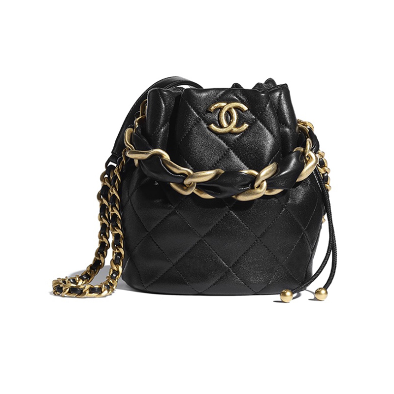 买手代购chanel香奈儿女包2021季度新款菱格纹小羊皮金色链条抽绳包斜