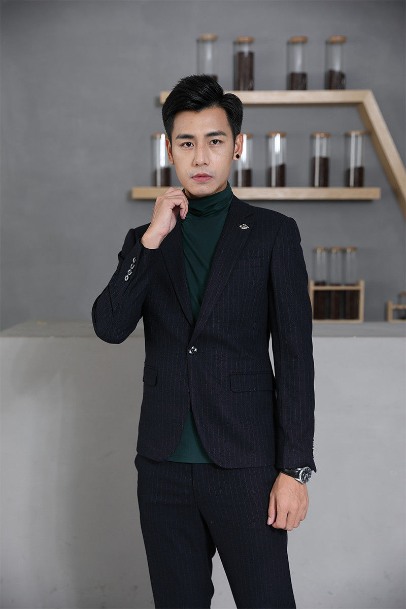 西服套装男士西装休闲外套条纹小西装新郎结婚礼服潮流男装秋单扣黑色