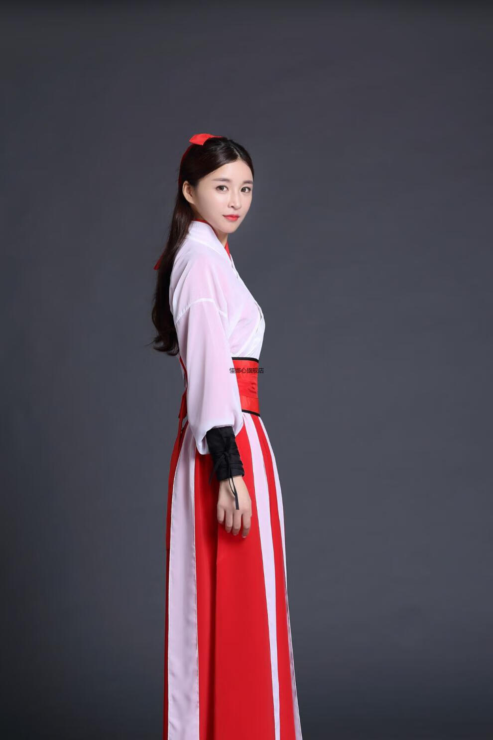 【新款】武侠风古装汉服女侠客全套风霸气红白飘带裙舞剑扇子古风演出