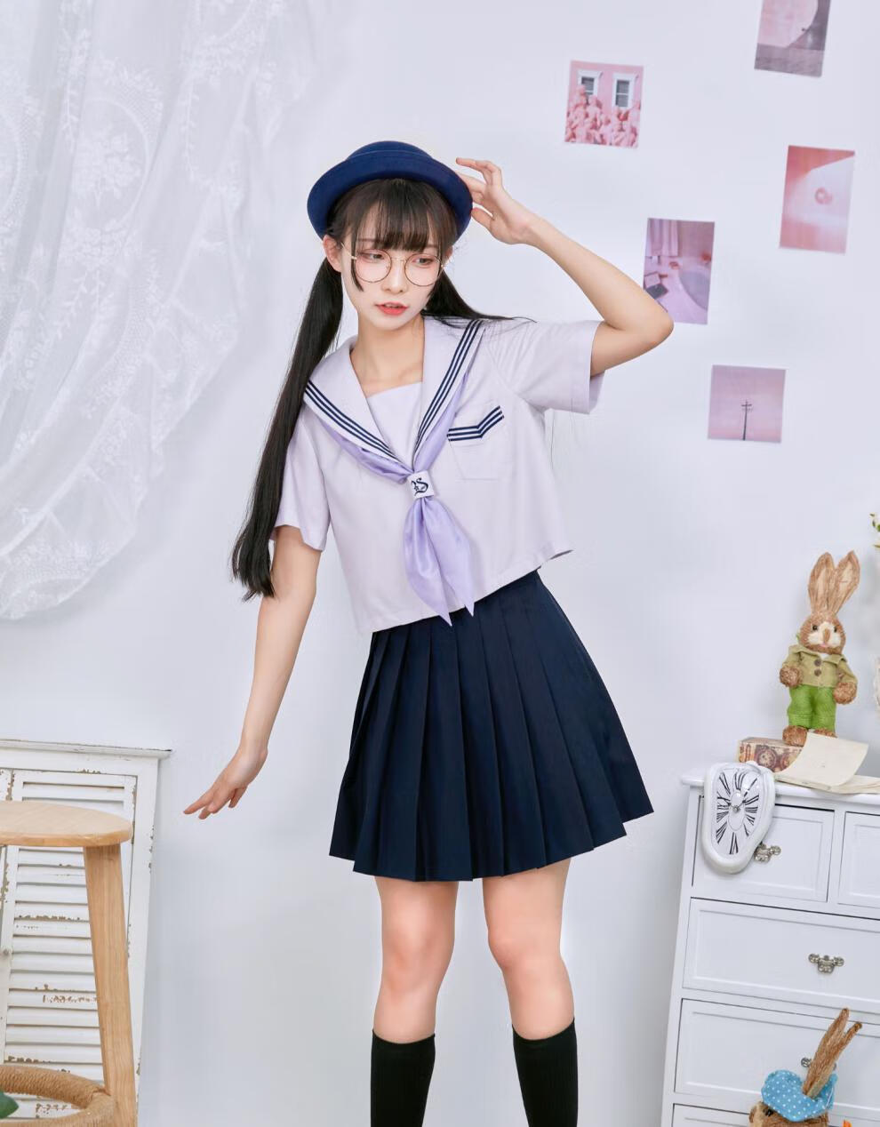 御茶家日系紫色短款水手服短袖中间服原创jk校供感早春学院风绀色下裙