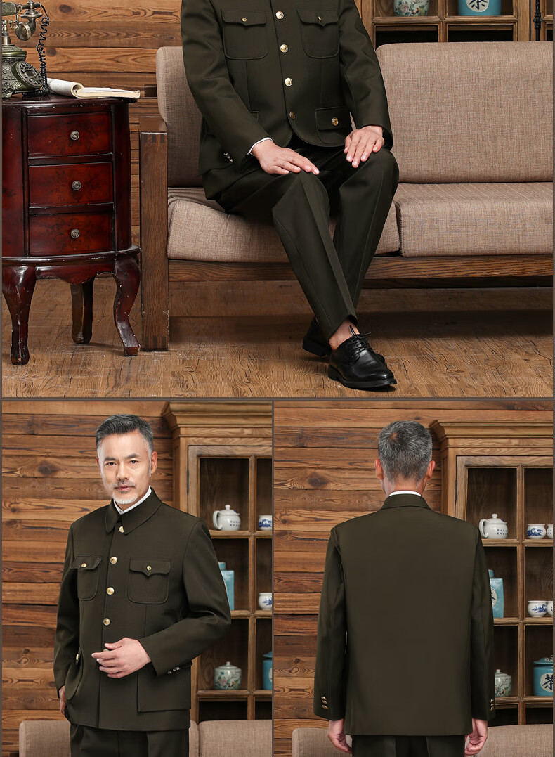 复邦中山装老年上衣春秋季新款传统服装军绿装中山服外套套装中山明兜