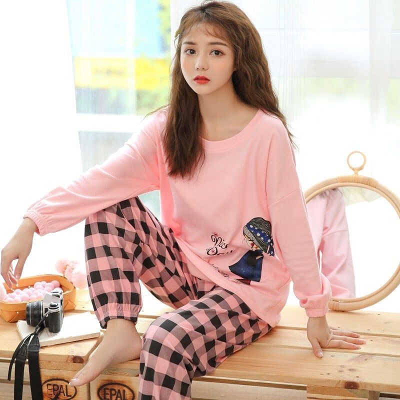 甜美可爱韩版宽松加大码春秋两件套装家居服红格子女孩m建议75100斤