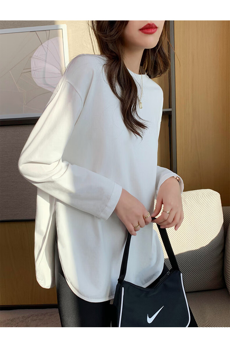 莫代尔白色长袖t恤女春秋新款宽松纯棉下摆开叉中长款打底衫内搭上衣