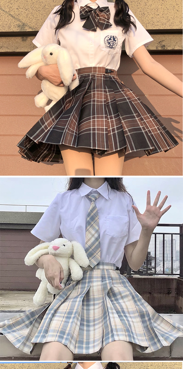 jk格裙jk制服女格短裙百褶夏季款a字纯欲子 咩野-[格裙 衬衫  领结