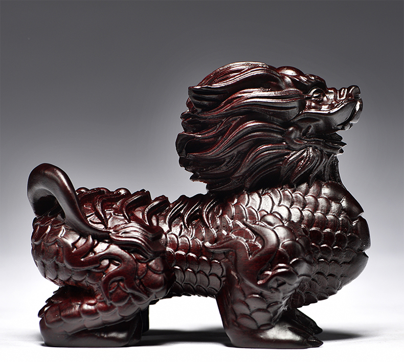 仙莱阁实木雕刻火焰麒麟摆件木质麒麟家居客厅装饰品开业工艺礼品精雕