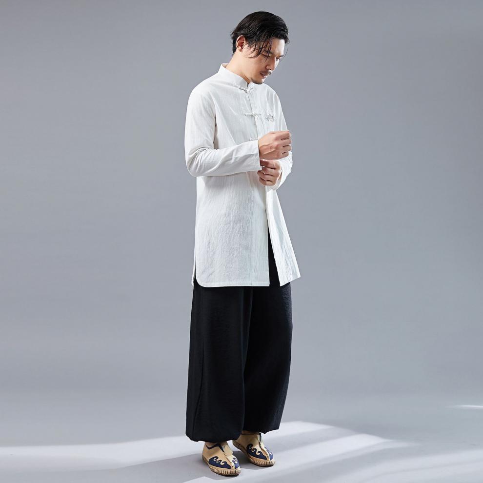 新中式服装男装秋季复古中国风男式盘扣立领衬衫刺绣中长款白色m