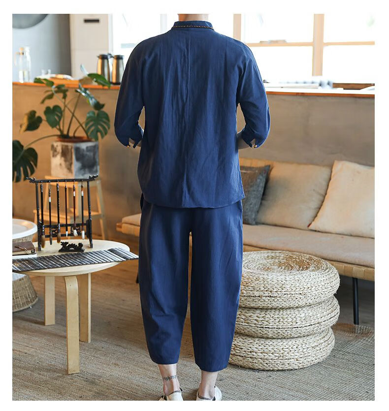 亚麻睡衣春七分袖套装男大码中国风汉服领唐装可外穿睡衣家居服藏青色