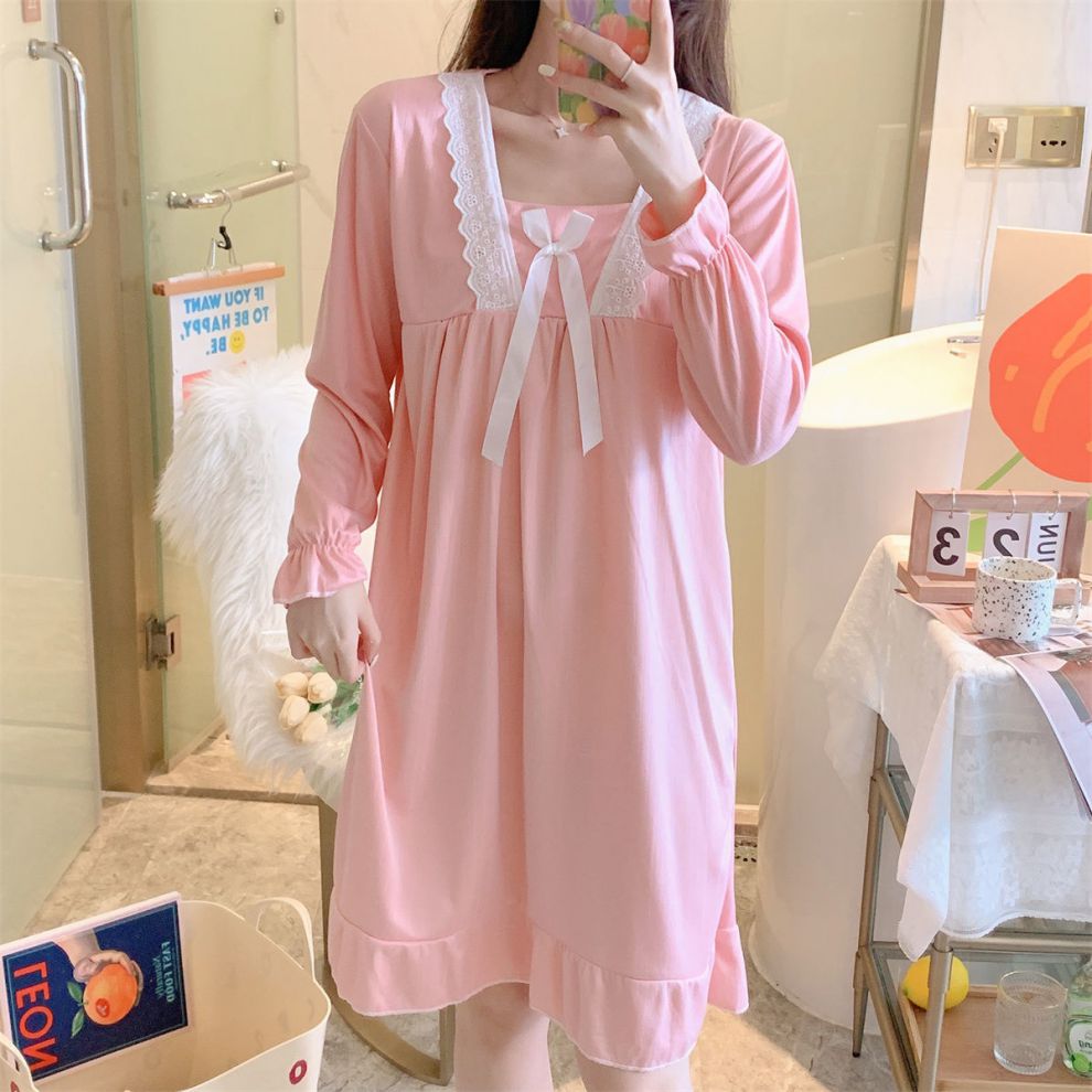 新款睡裙长袖韩版宽松睡衣女士甜美长款连衣裙家居服外穿连衣裙粉色m