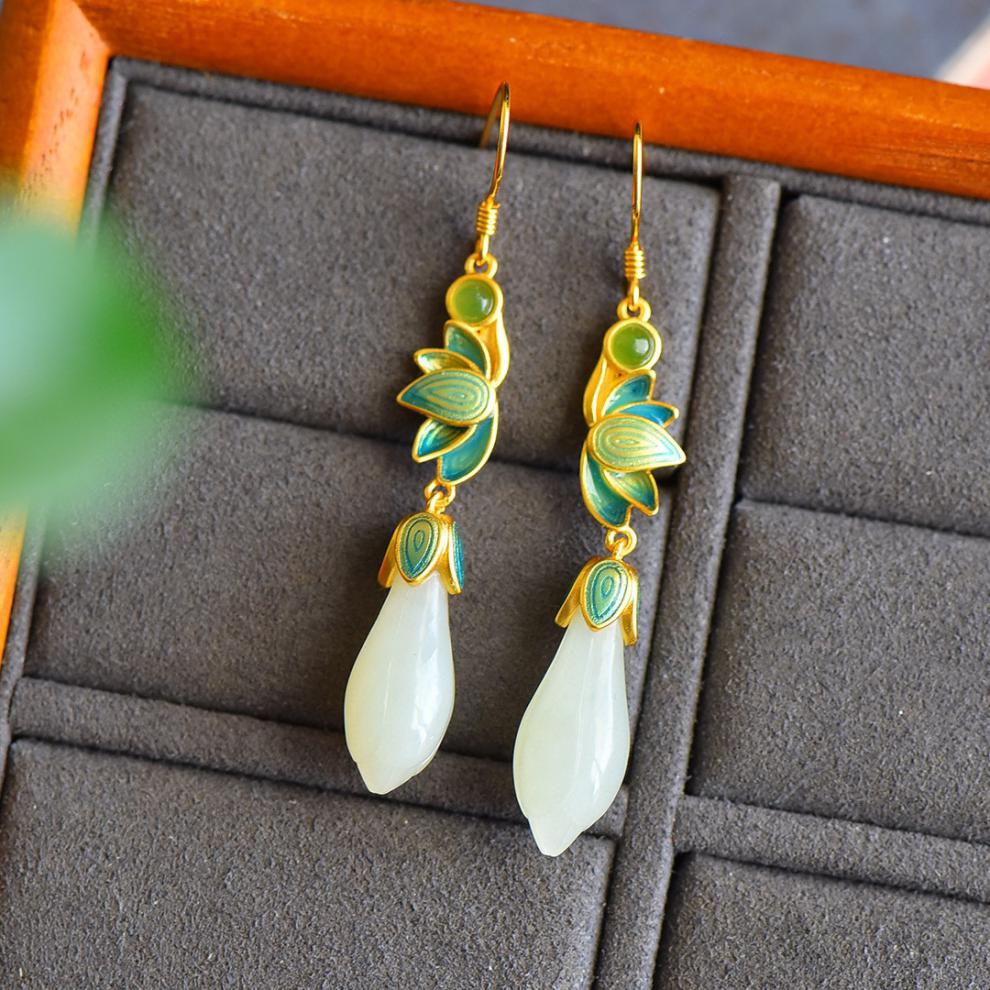 耳坠女花朵和田玉耳环古风配汉服中国风耳饰民族风耳钩玉兰花耳环证书