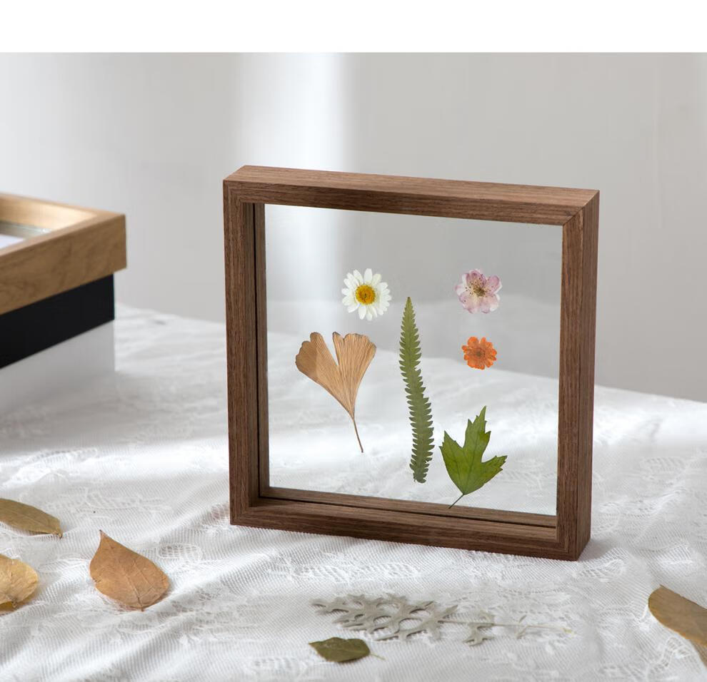 相框摆台6寸7寸8寸简约创意压花透明双面玻璃植物标本框画框原木色5寸