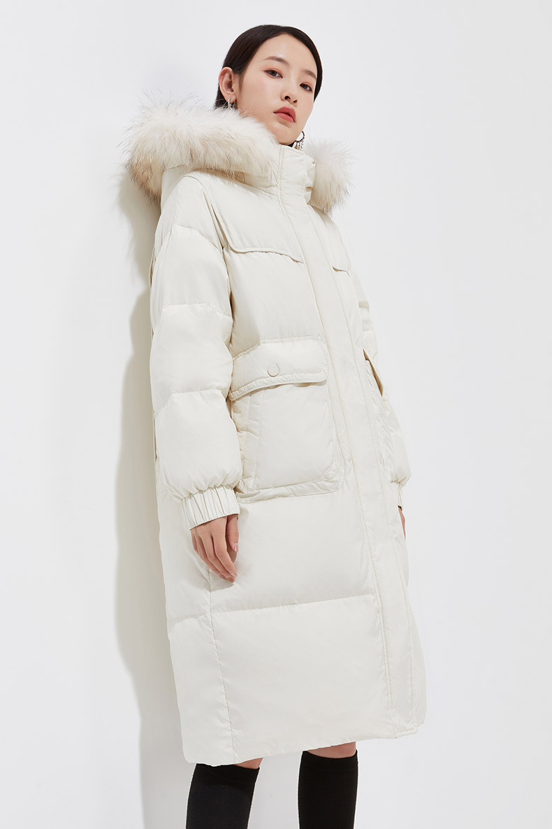 five plus2021新款冬装貉子毛领白鸭绒羽绒服女连帽长款过膝外套 米白