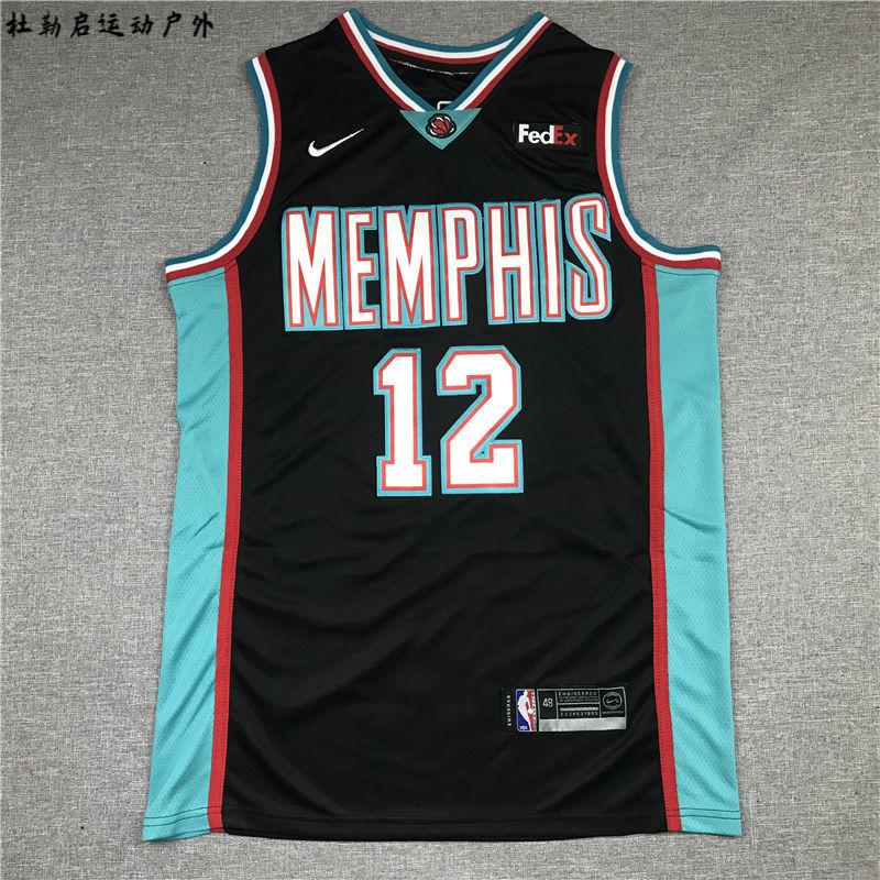 勒启腾讯体育nba同款灰熊12号 莫兰特篮球服 复古绿色新面料刺绣球衣