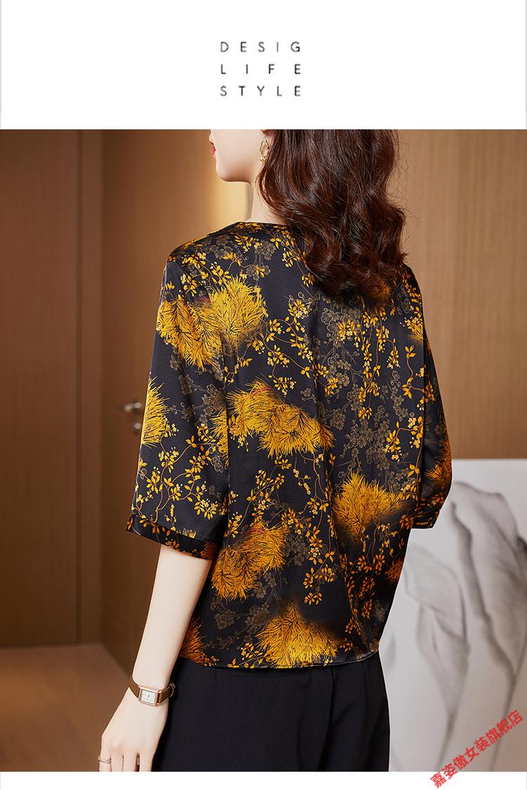 原创妈妈夏装重磅真丝香云纱上衣宽松中老年女桑蚕丝短袖圆领t恤黑色l