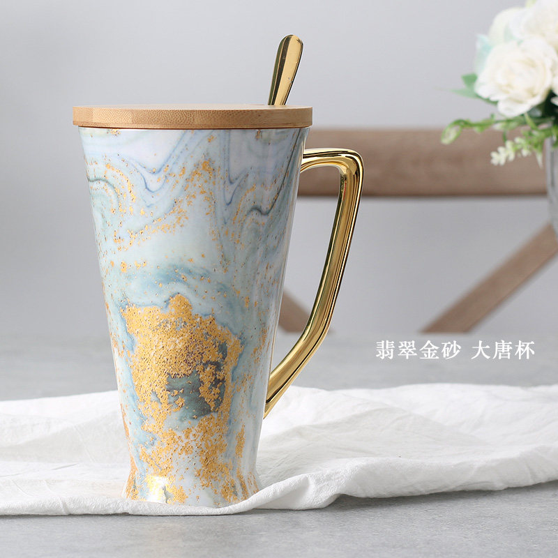 瓷马克水杯创意少女心咖啡情侣对杯陶瓷杯子大容量 翡翠金砂大唐杯 杯