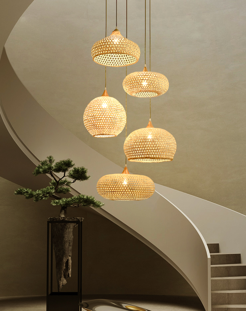竹编艺术灯新中式艺术竹编吊灯禅意酒店民宿装饰楼梯灯创意日式复古