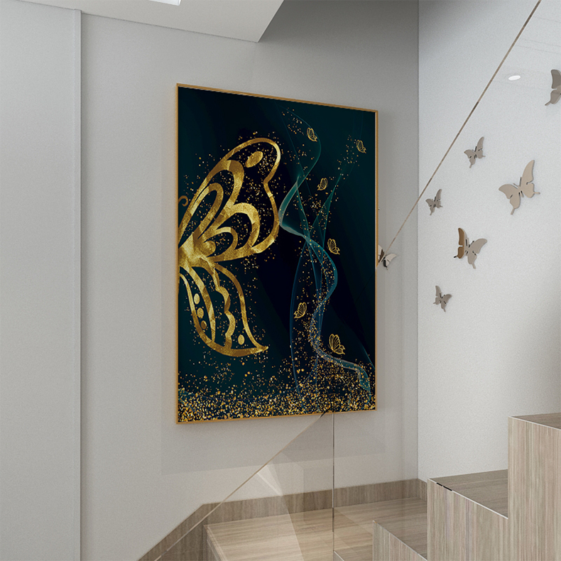 法彩facai纯手绘油画轻奢金粉蝴蝶装饰画客厅玄关美容院样板房北欧竖