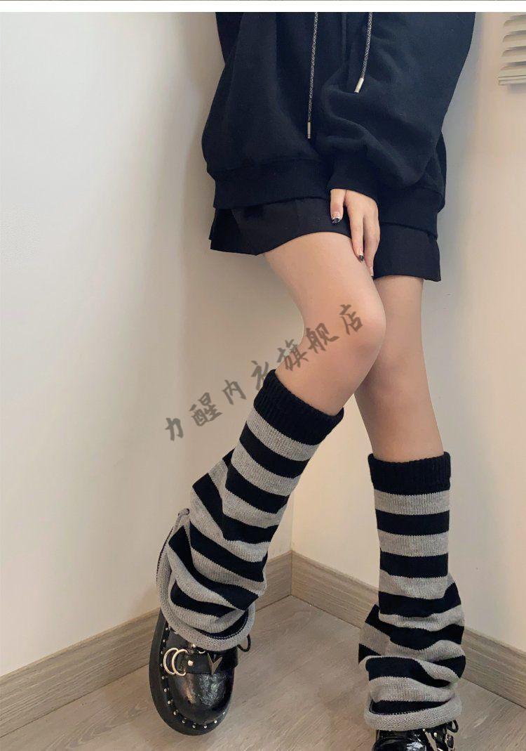 腿袜过膝春秋复古美式风黑白条纹毛线宽松阔腿袜套原宿风辣妹腿套黑白