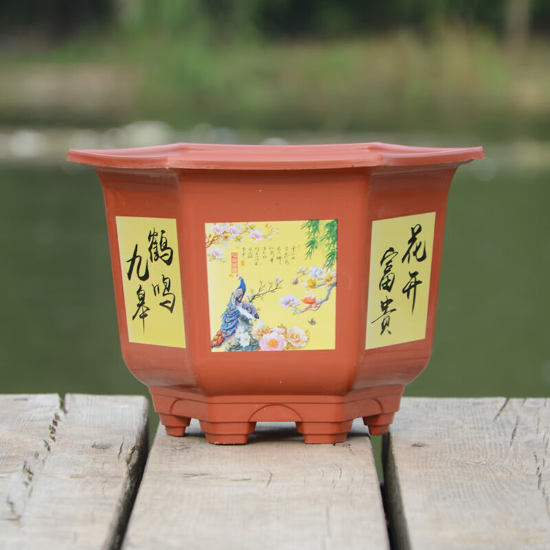阳台仿陶瓷紫砂硬质花盆八角带托盘咖啡色六角带托盘口径22高的17340