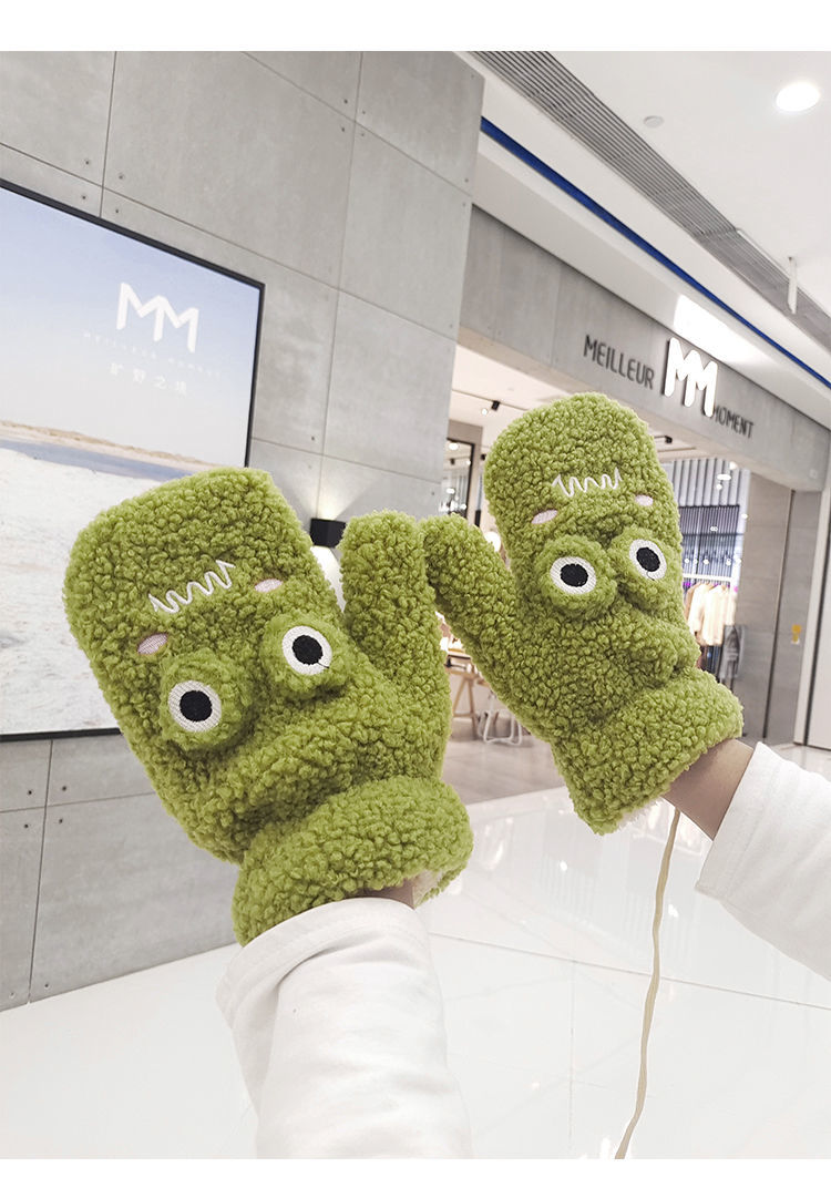 zgmr毛绒可爱手套男生可爱青蛙卡通手套冬季保暖防寒加绒挂脖高颜值