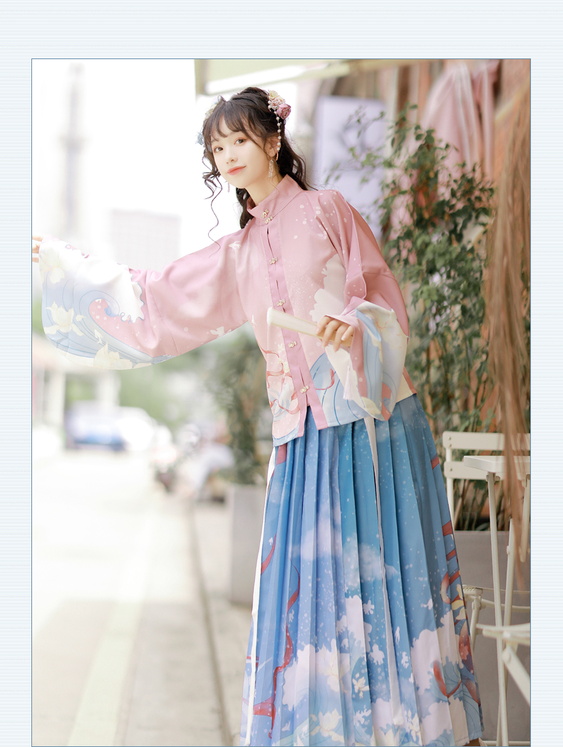 鼎毳貂明制汉服女原创中国风立领百褶裙日常春夏秋蓝衣红裙45米印花款