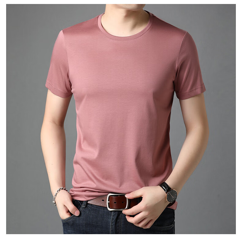 富贵鸟仿桑蚕丝短袖t恤男士圆领小衫中年男土半截袖冰丝光棉t恤园口