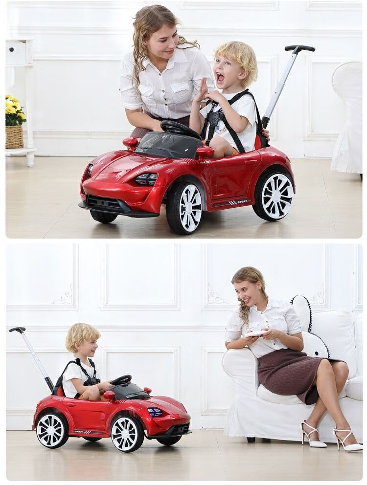 新款保时捷儿童电动汽车可坐人男女宝宝玩具车蓝牙遥控双开门可加推把