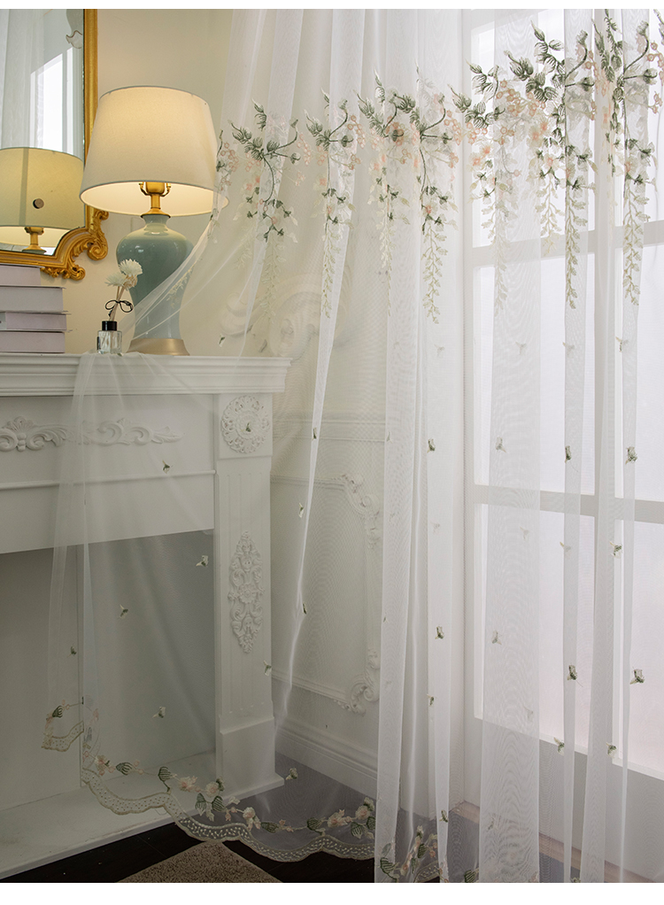 准芝白纱窗帘田园美式乡村白纱帘刺绣窗纱透光阳台小花窗沙清新挂钩式