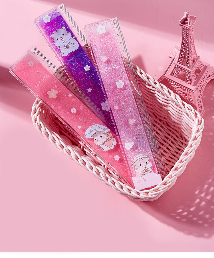 流沙尺子少女心小学生文具创意韩版可爱卡通透明直尺20cm软尺4件套