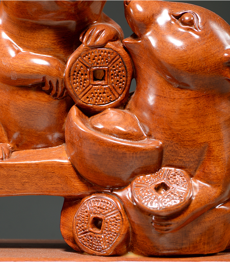 洁莱琳花梨木雕老鼠财源滚滚十二生肖鼠雕刻实木红木摆件新店玄关公司