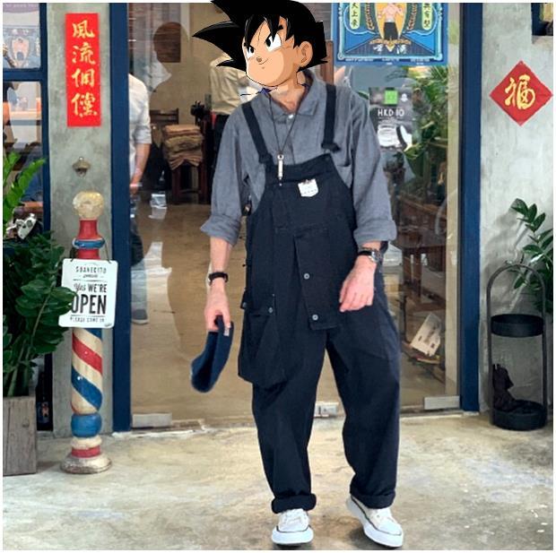 日系复古工装背带裤男胖子宽松大码吊带裤潮牌ins男男直筒连体裤178深