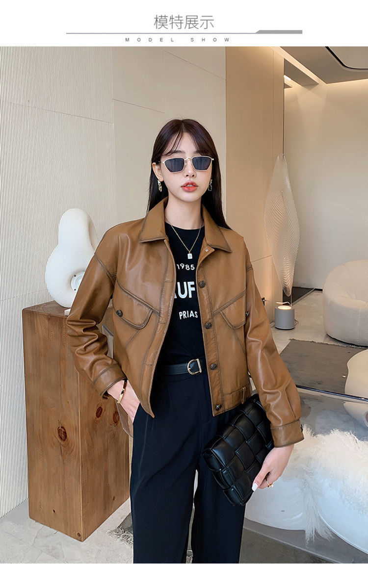 萨晟海宁真皮皮衣外套女2022冬春新款绵羊皮短款加绒加厚上衣休闲夹克