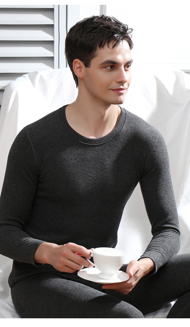 60高端时尚潮牌徳绒无痕保暖内衣男加厚加绒圆领羊绒秋衣秋裤套装