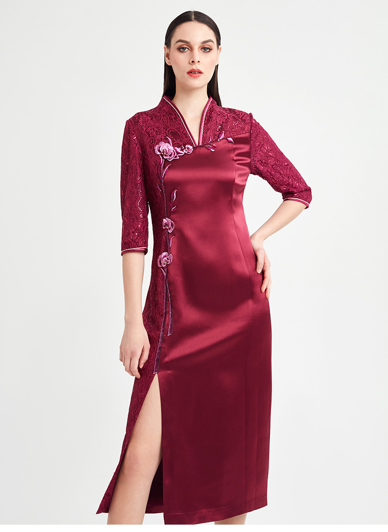 皮尔卡丹女装2020春季新款紫红色旗袍连衣裙时尚绣花p91dl28z0 商场