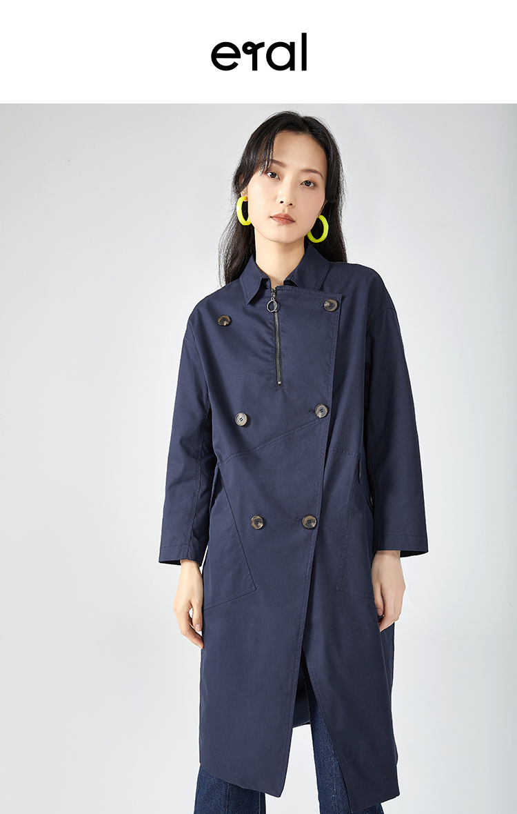 艾莱依2020年春季新款中长款双排扣风衣经典大衣外套6019aa11001 夜黑