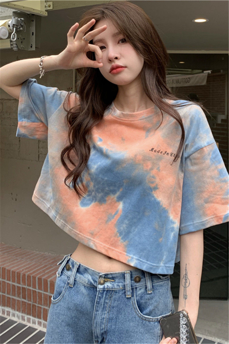 wsng扎染短袖t恤女夏2022新款设计感小众露脐短款甜辣妹上衣ins潮无字